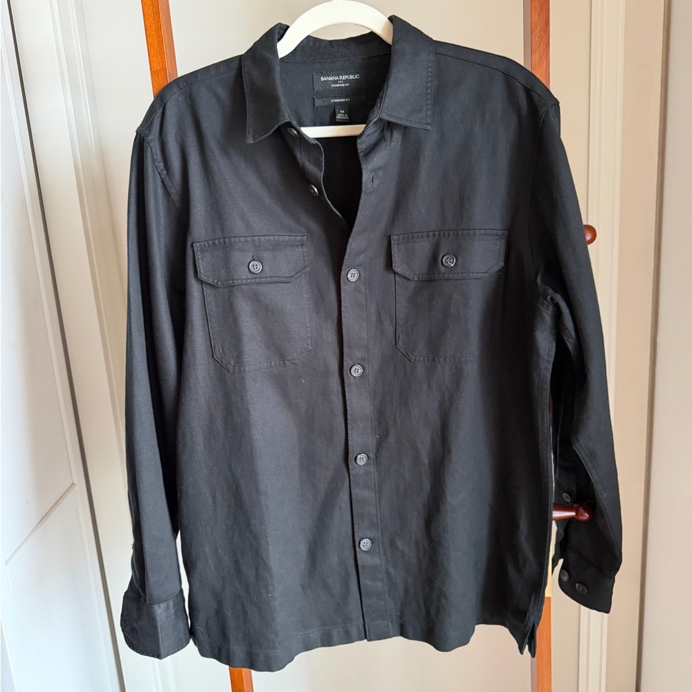 Banana Republic Black Utility Button-Up – Standard Fit, Lyocell Linen Blend